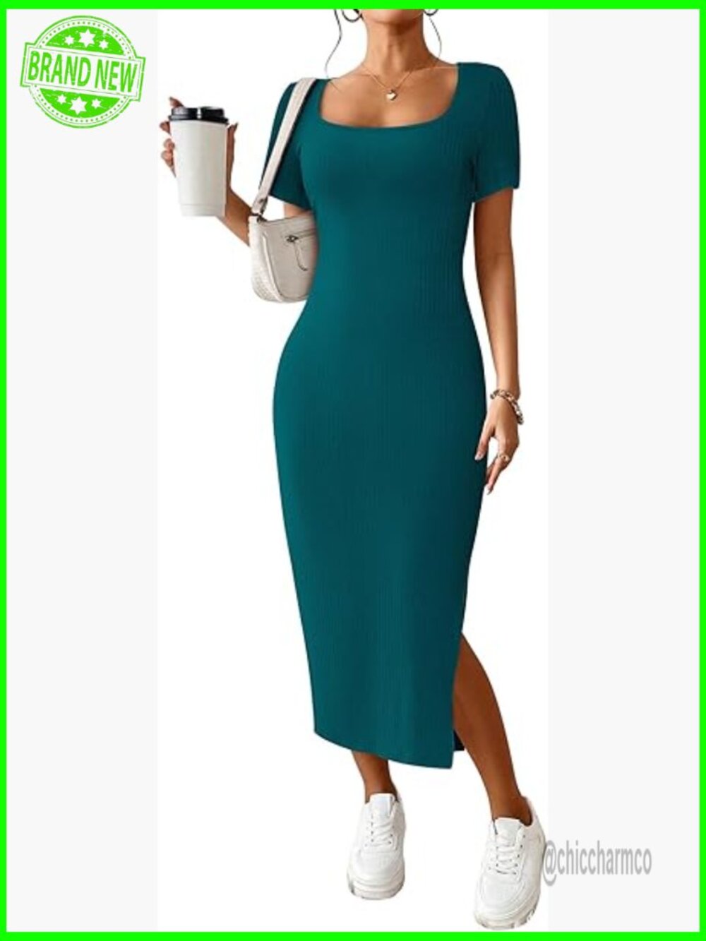 Ribbed Knit Maxi Dress Short Sleeve Bodycon Side Slit Summer Casual